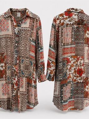 gimmicks by BKE Patchwork Floral Midi Dress in Brown and Rust